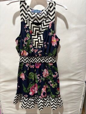Truly Me Navy Floral Dress with Pink & Green Accents